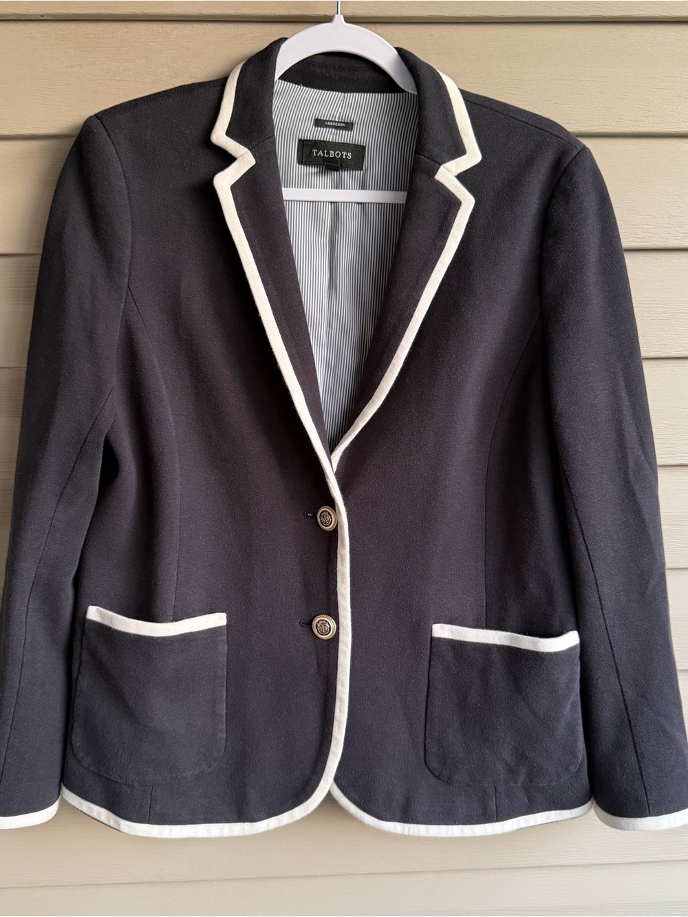 Talbots Womens 14 Aberdeen Knit Blazer Dark Navy Ivory academia preppy